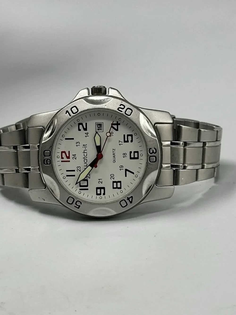 Watch-It Men’s Watch Silver Tone White Dial Date Window New Battery 8